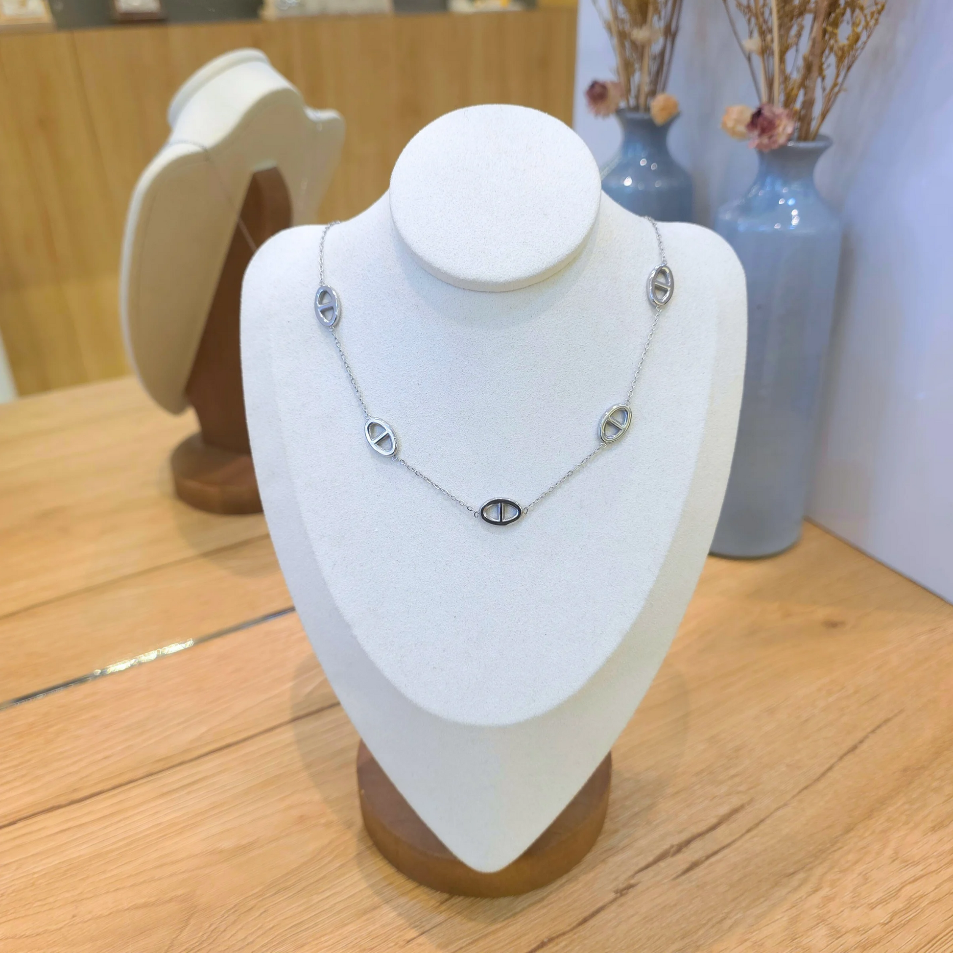 Collier sautoir maille marine acier inoxydable argente