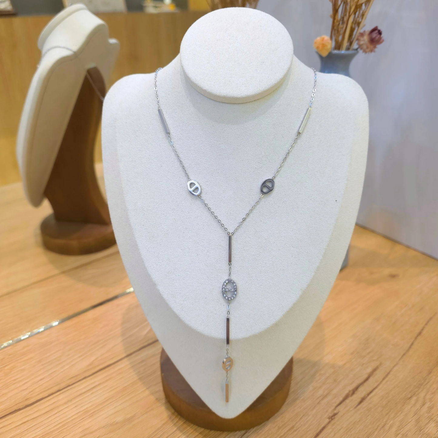 collier maille marine acier inoxydable argenté zircon cravate yfemme